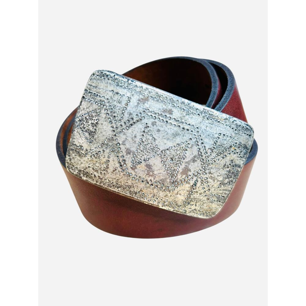 Vintage Zamak Belt Buckle Geometric on Genuine Leather Brown Belt Mens Size S/M